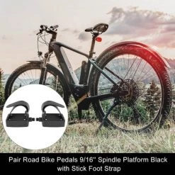 Unique Bargains Pair Road Bike Pedals Platform with Stick Foot Strap Bike Pedals Black 4.65"x2.68"x1.18" 2 Pcs