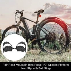 Unique Bargains Pair Road Mountain Non Slip with Belt Strap Bike Pedals Black 5.12"x4.72"x2.09" 2 Pcs