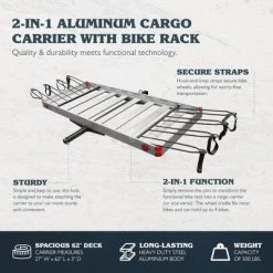 Tow Tuff TTF-2762ACBR Heavy Duty 2-in-1 Aluminum Automotive Cargo Luggage Carrier with Bike Hitch Rack