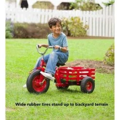 HearthSong Kids Classic Red Metal Tricycle with Attached Slatted-Wood Wagon